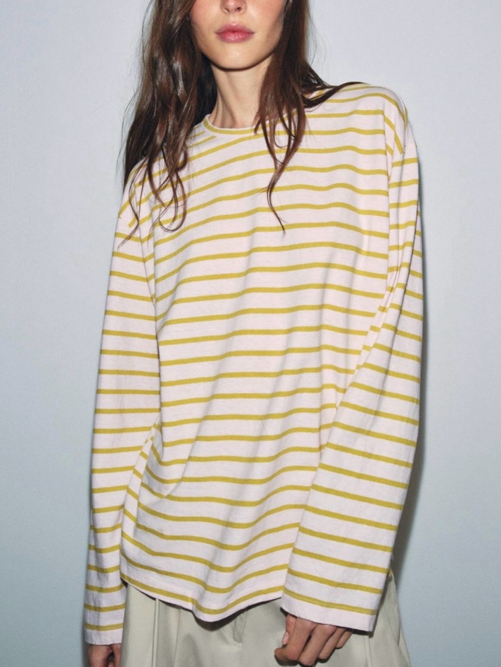Zara Lime Green & Light Pink Stripe Long-Sleeve Crewneck Tee - Women